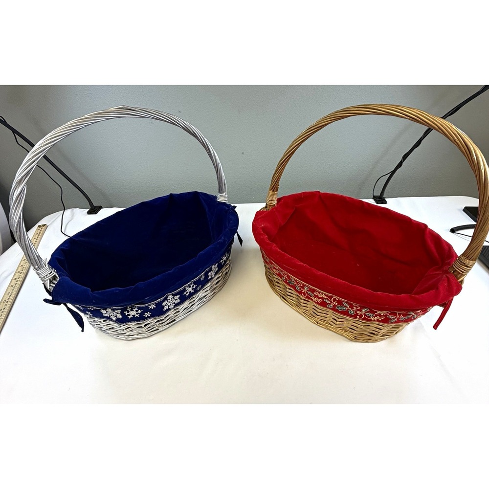 Lot of 2 Large Christmas Wicker Gift Baskets Velvet Liners Silver Gold 15" Oval